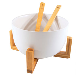 BAMBOO Bol salată cu suport și ustensile, porțelan, D.30cm