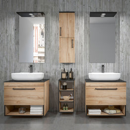 KNIDOS Set 2 corpuri lavoar, dulap baie suspendat, etajeră, 2 lavoare și oglinda