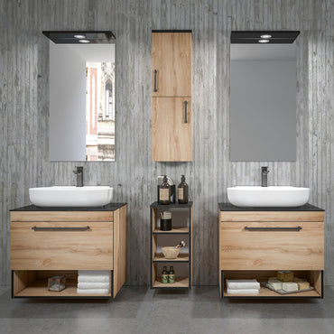 KNIDOS Set 2 corpuri lavoar, dulap baie suspendat, etajeră, 2 lavoare și oglinda