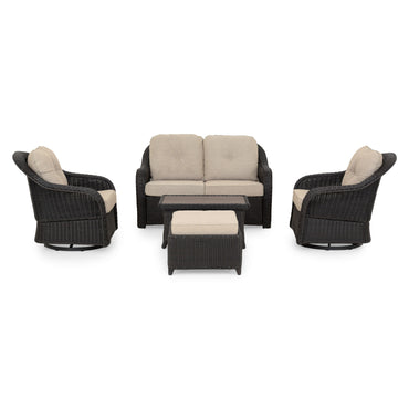 CANNET Set mobilier terasă/grădină, 2 fotolii rotative, canapea, taburet și măsuță de cafea