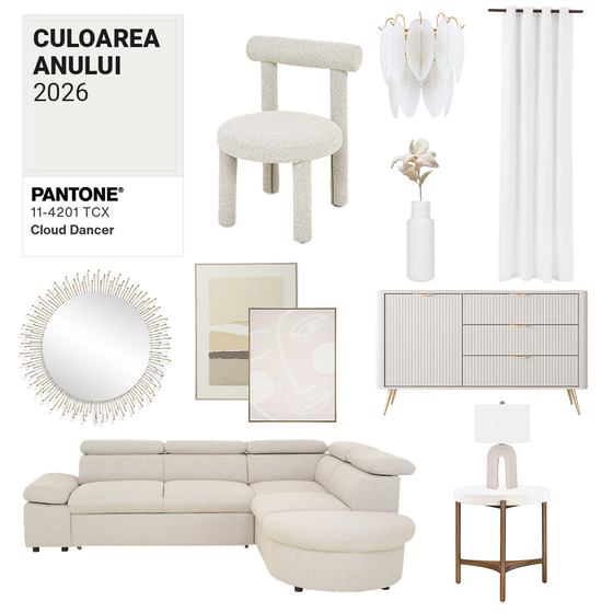 Culoarea anului 2026 în design interior: cum integrăm Cloud Dancer în amenajarea locuinței de la Mobexpert