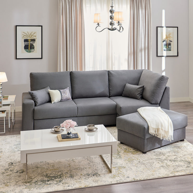 EMMET Colțar extensibil cu șezlong stânga/dreapta și taburet cu depozitare, stofă