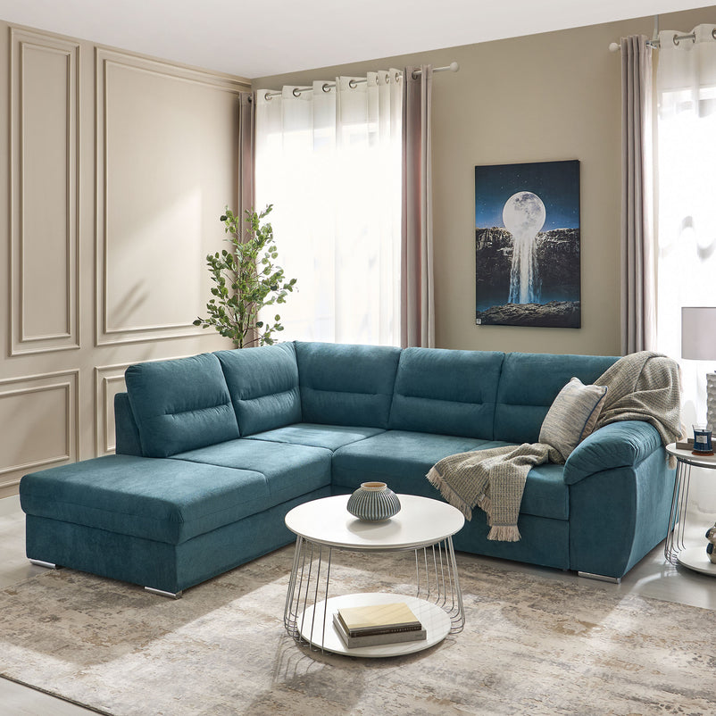 CELIA Canapea extensibilă, șezlong stânga/dreapta, spațiu depozitare, stofă