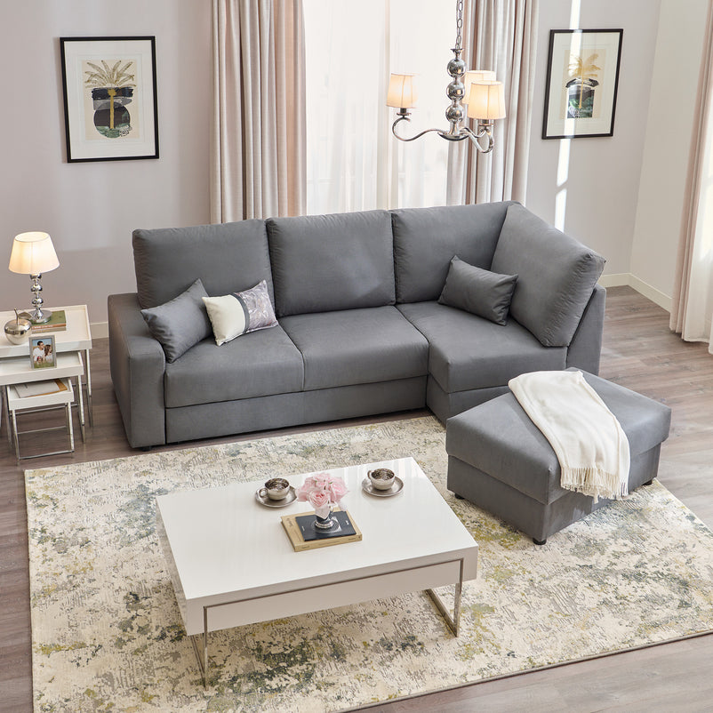 EMMET Colțar extensibil cu șezlong stânga/dreapta și taburet cu depozitare, stofă