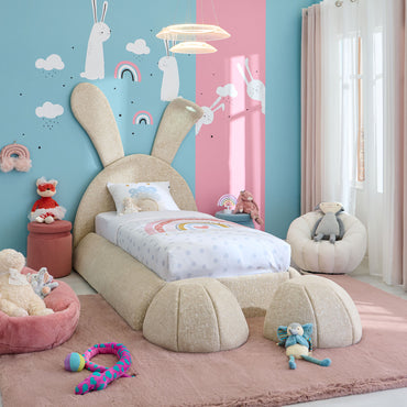 BUGS BUNNY Pat copii tapițat, 90x200cm, ladă depozitare și 2 taburete incluse