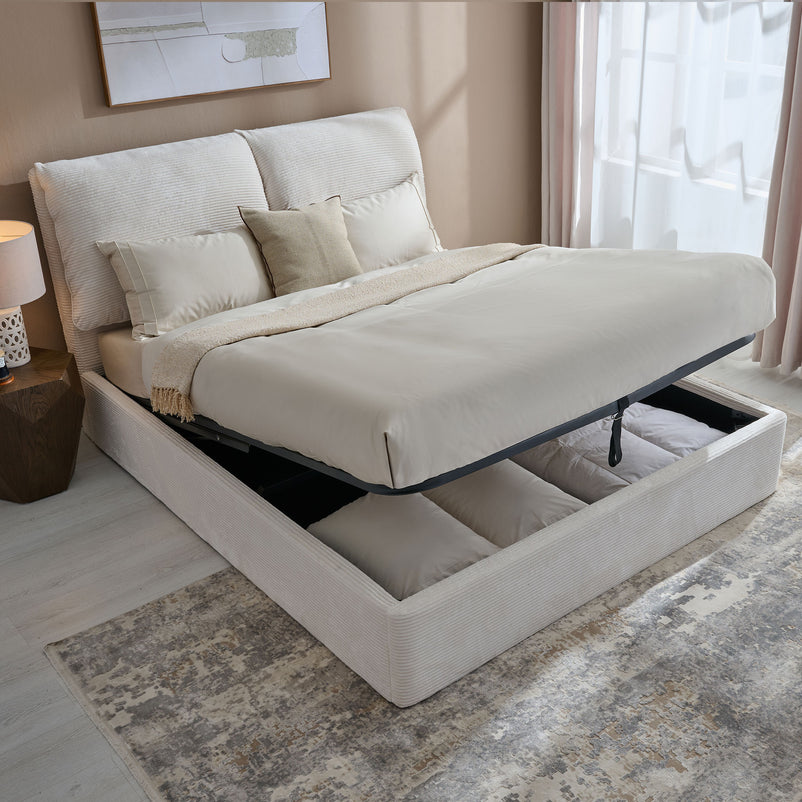 MAYVILLE Pat tapițat, 160x200cm, somieră rabatabilă și ladă depozitare incluse