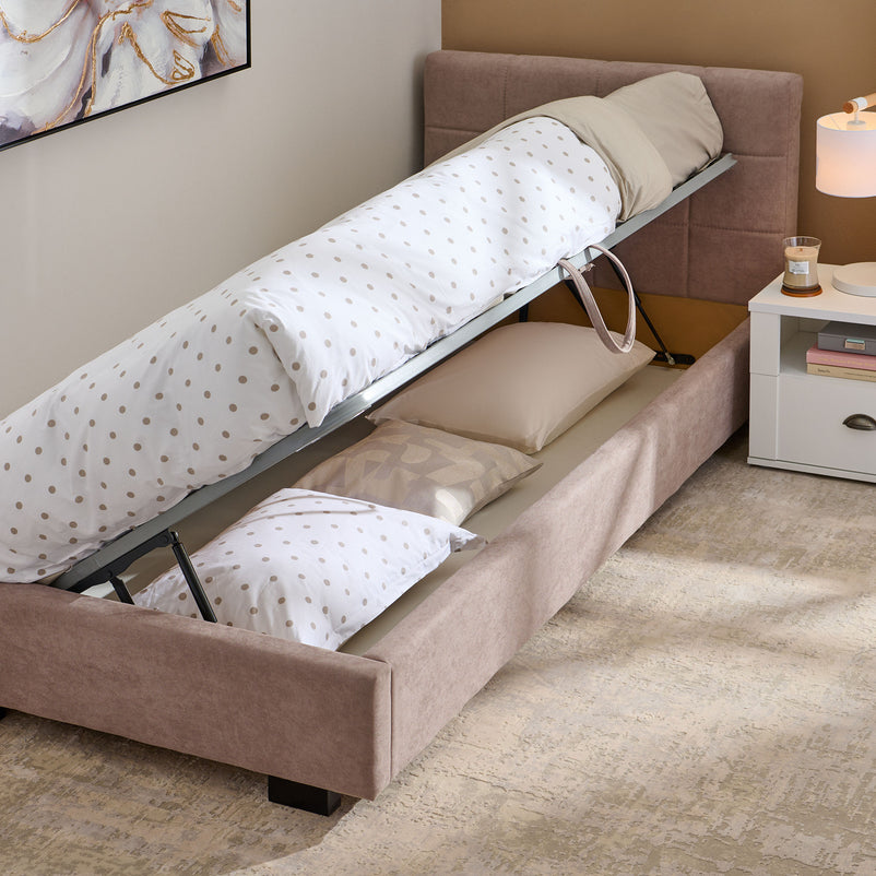 PRAGA Pat tapițat 90x200cm, somieră rabatabilă și ladă depozitare incluse