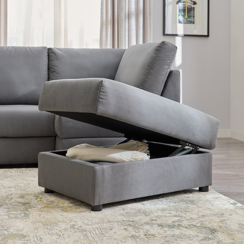 EMMET Colțar extensibil cu șezlong stânga/dreapta și taburet cu depozitare, stofă