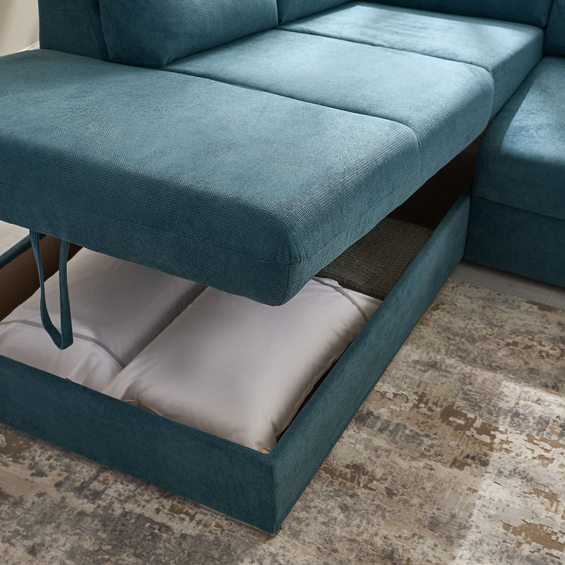 CELIA Canapea extensibilă, șezlong stânga/dreapta, spațiu depozitare, stofă