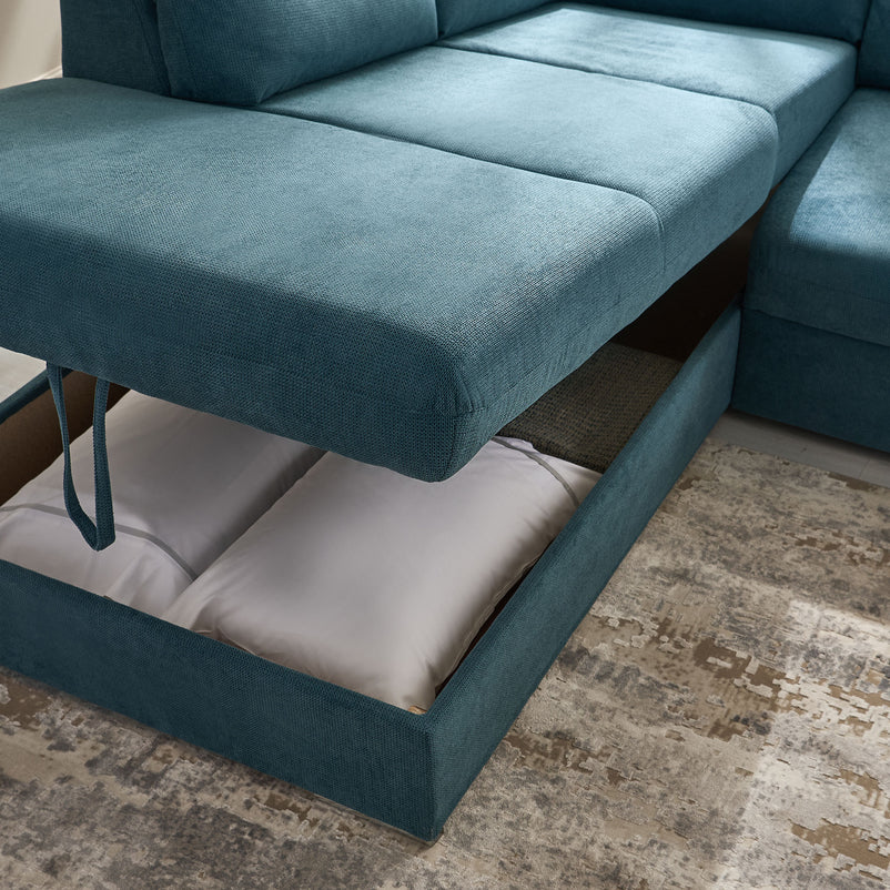 CELIA Canapea extensibilă, șezlong stânga/dreapta, spațiu depozitare, stofă