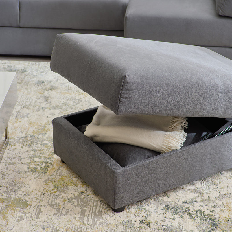 EMMET Colțar extensibil cu șezlong stânga/dreapta și taburet cu depozitare, stofă