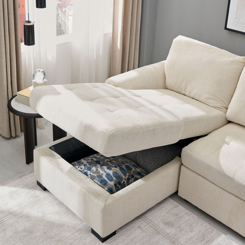 ASCOLI Colțar extensibil, șezlong stânga/dreapta, 4 perne decor incluse, stofă