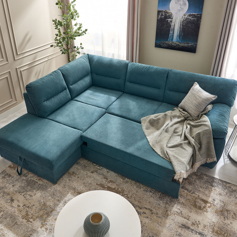 CELIA Canapea extensibilă, șezlong stânga/dreapta, spațiu depozitare, stofă