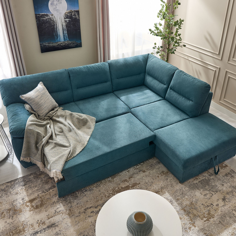 CELIA Canapea extensibilă, șezlong stânga/dreapta, spațiu depozitare, stofă