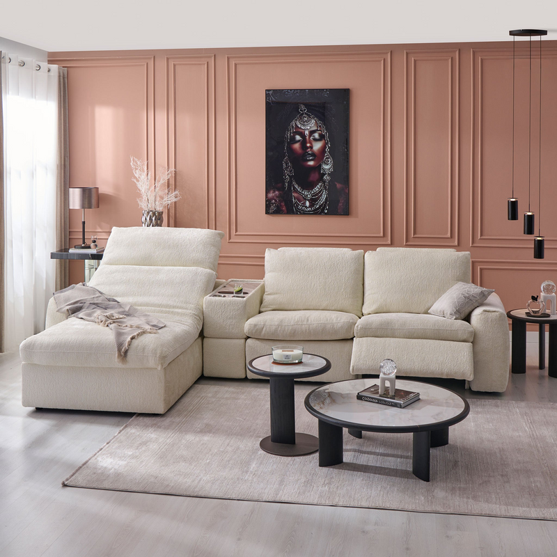 NEW JERSEY Colțar cu șezlong electric stânga/dreapta, 1 recliner electric, tetiere reglabile, USB, consolă depozitare, stofă