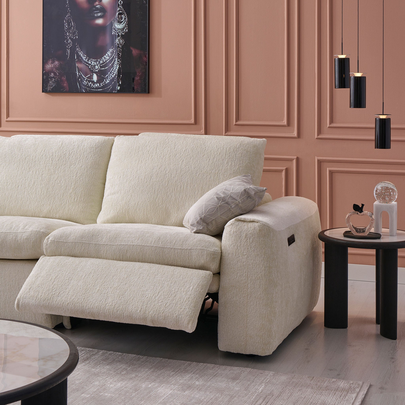 NEW JERSEY Colțar cu șezlong electric stânga/dreapta, 1 recliner electric, tetiere reglabile, USB, consolă depozitare, stofă