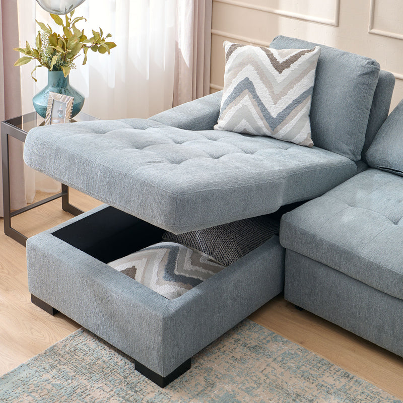 TARENT Ansamblu colțar, extensibil, ladă depozitare, perne decor incluse, stofă