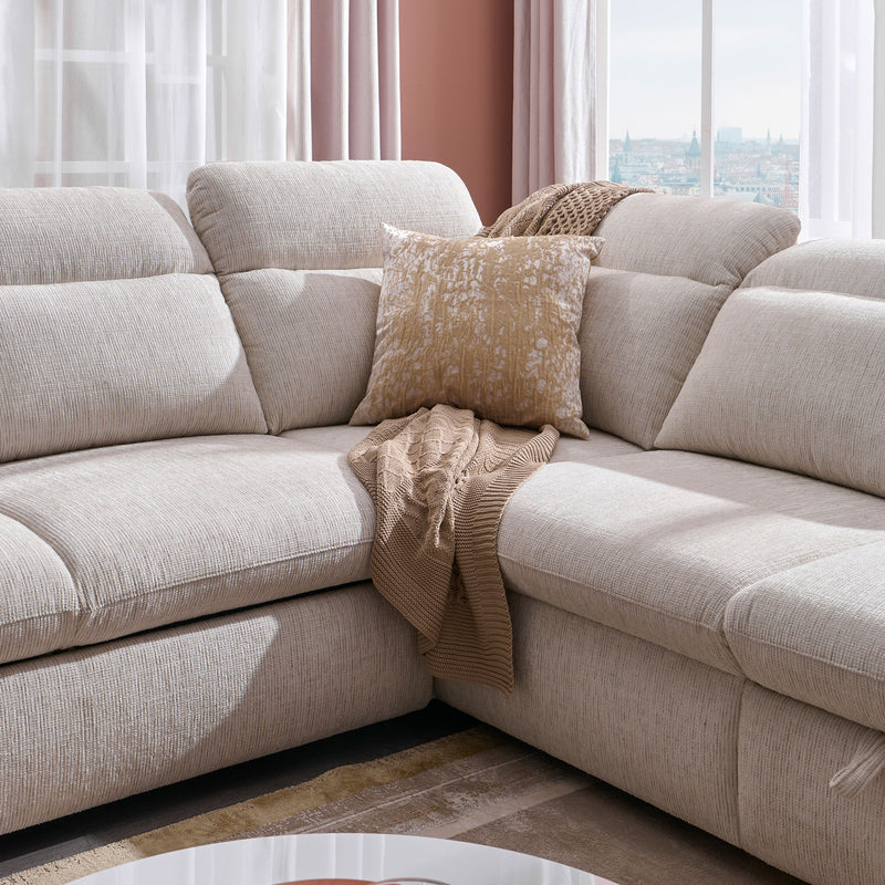 DAMIAN Colțar extensibil, șezlong stânga/dreapta, mecanism tetiere și braț, spațiu depozitare inclus, stofă