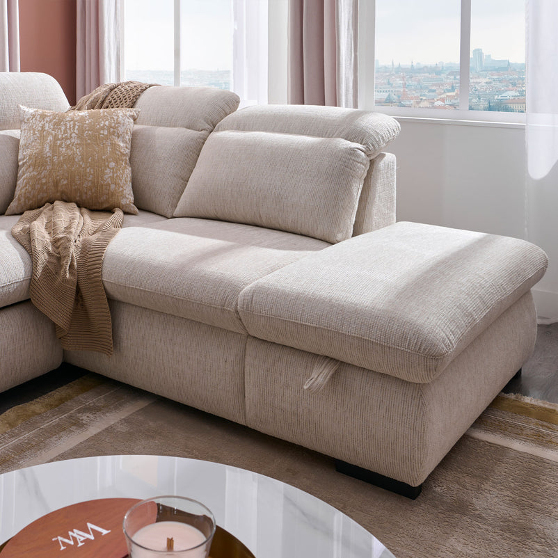 DAMIAN Colțar extensibil, șezlong stânga/dreapta, mecanism tetiere și braț, spațiu depozitare inclus, stofă