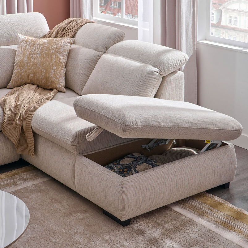 DAMIAN Colțar extensibil, șezlong stânga/dreapta, mecanism tetiere și braț, spațiu depozitare inclus, stofă