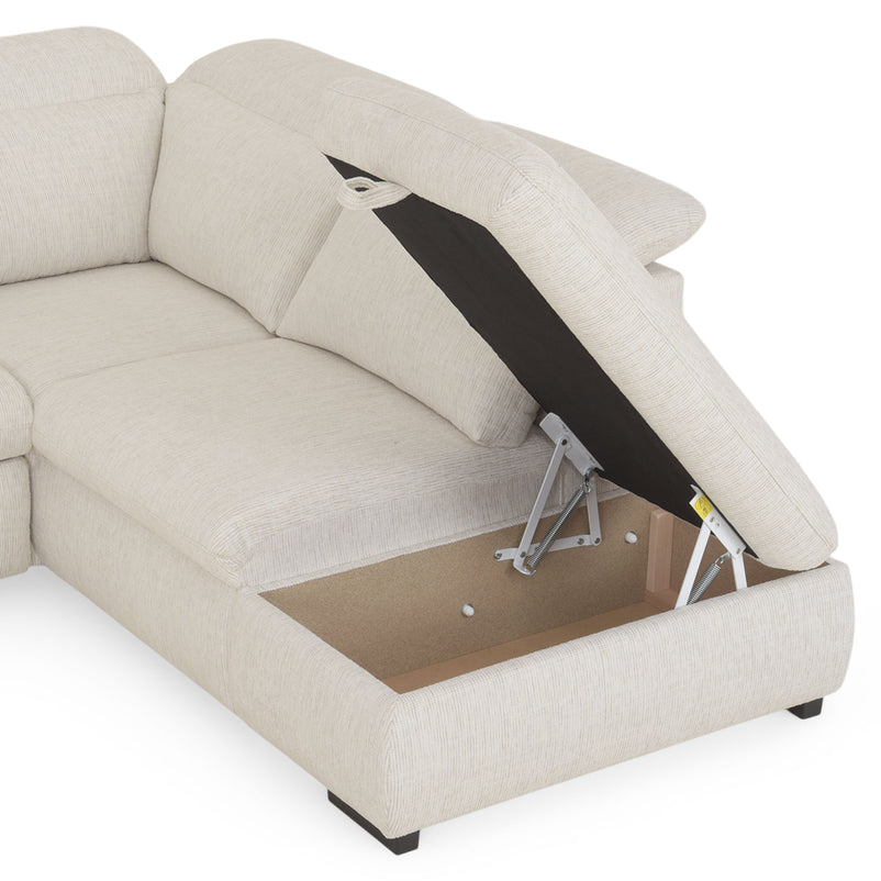 DAMIAN Colțar extensibil, șezlong stânga/dreapta, mecanism tetiere și braț, spațiu depozitare inclus, stofă