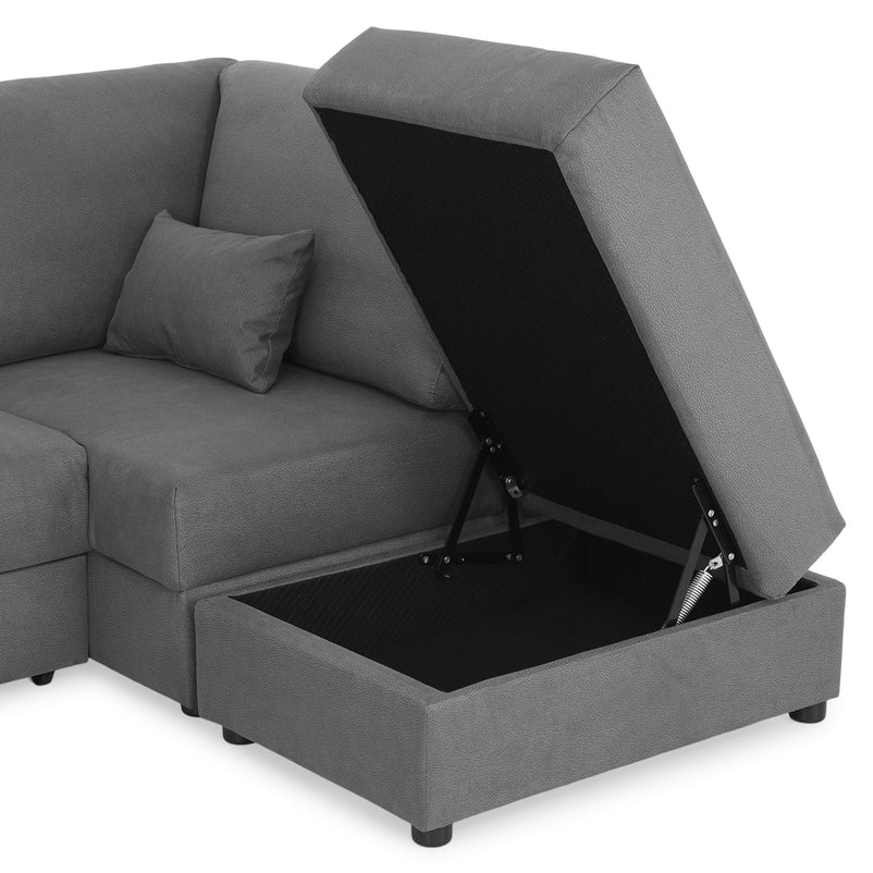 EMMET Colțar extensibil cu șezlong stânga/dreapta și taburet cu depozitare, stofă