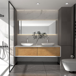 FIONA Set mobilier baie, mască lavoar, 2 lavoare și oglindă LED