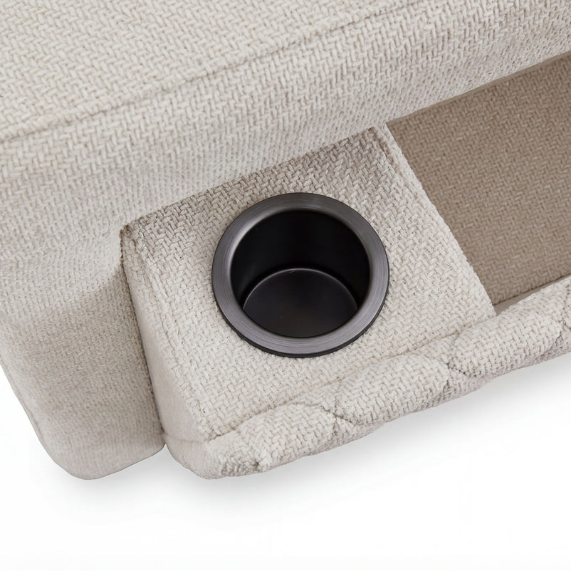 DUNKLIN Ansamblu 2 reclinere electrice, mecanism tetiere, wireless charger, depozitare, boxă sunet, măsuță lucru, stofă