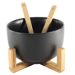 BAMBOO Bol salată cu suport și ustensile, porțelan, D.30cm