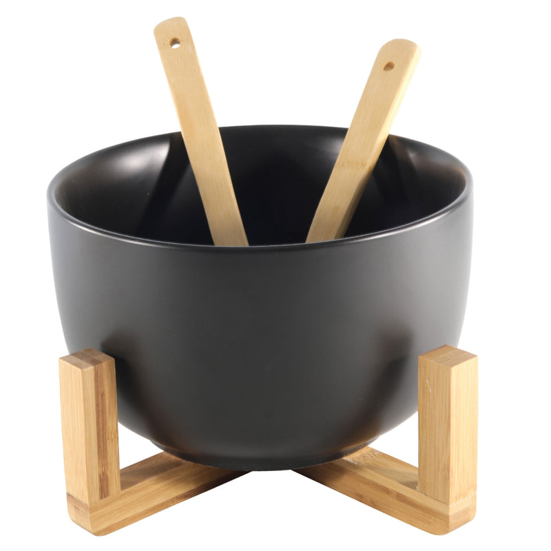 BAMBOO Bol salată cu suport și ustensile, porțelan, D.30cm