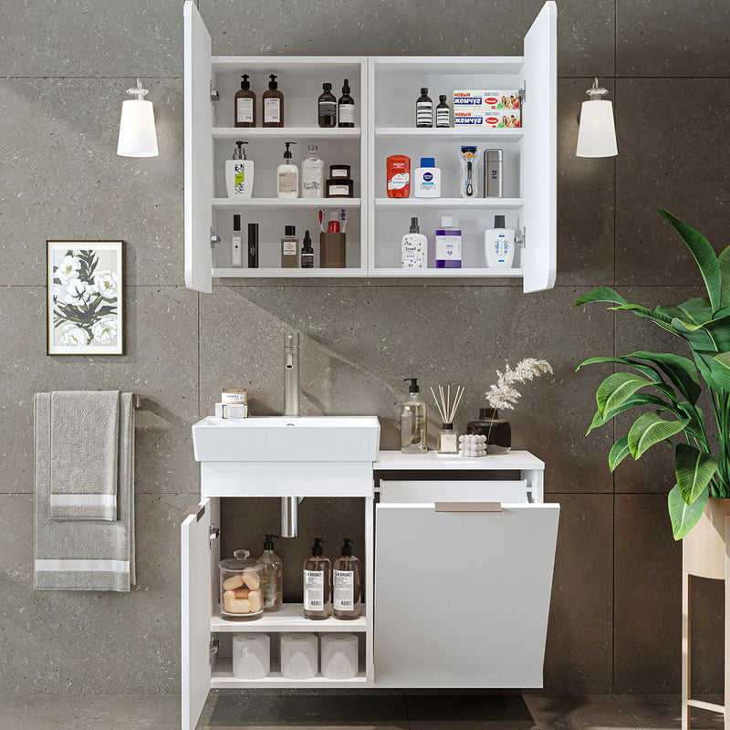 DUBAI Set mobilier baie, mască lavoar, lavoar ceramică și dulap baie suspendat cu oglindă