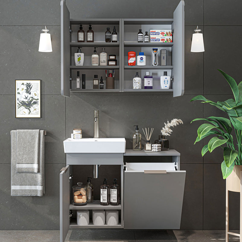 DUBAI Set mobilier baie, mască lavoar, lavoar ceramică și dulap baie suspendat cu oglindă