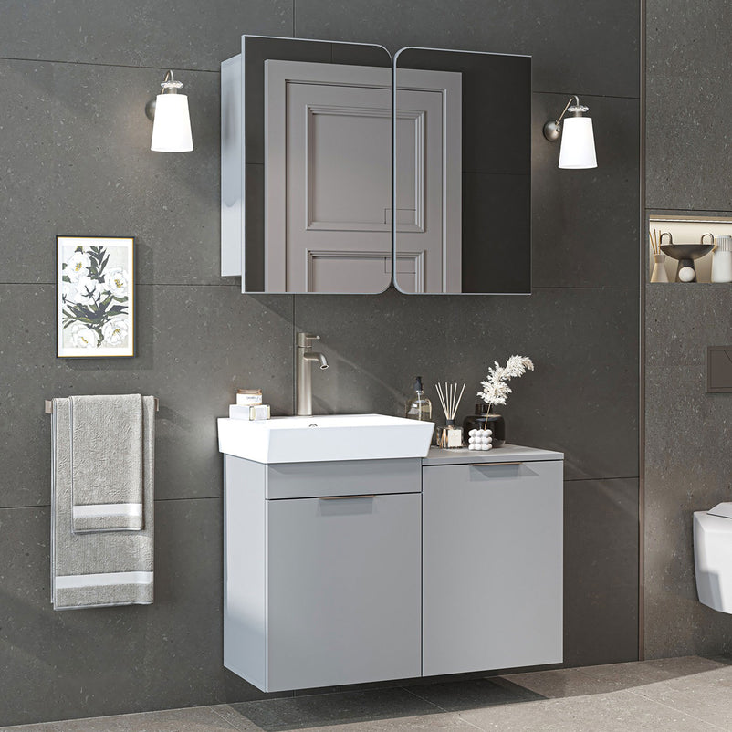 DUBAI Set mobilier baie, mască lavoar, lavoar ceramică și dulap baie suspendat cu oglindă