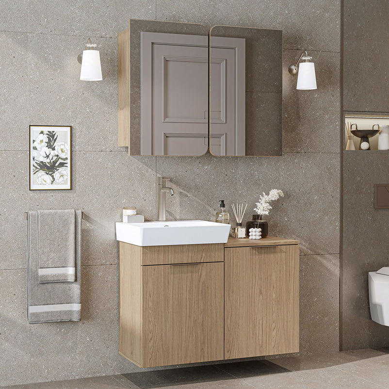 DUBAI Set mobilier baie, mască lavoar, lavoar ceramică și dulap baie suspendat cu oglindă