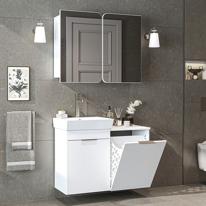 DUBAI Set mobilier baie, mască lavoar, lavoar ceramică și dulap baie suspendat cu oglindă