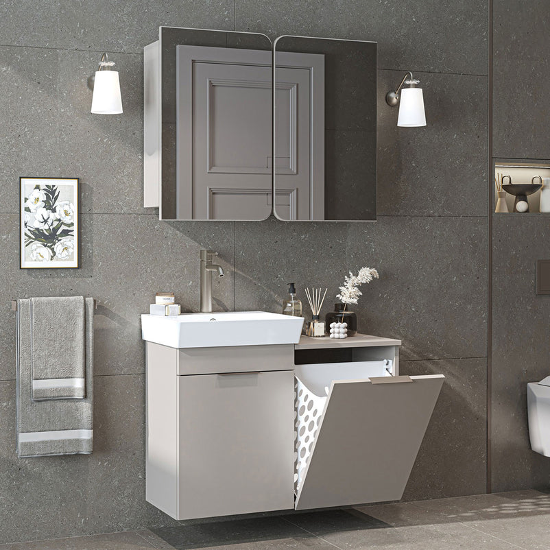 DUBAI Set mobilier baie, mască lavoar, lavoar ceramică și dulap baie suspendat cu oglindă