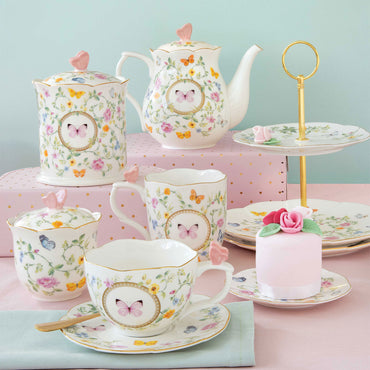 DANCING BUTTERFLIES Set 2 cești și farfurioare, porțelan, 120ml
