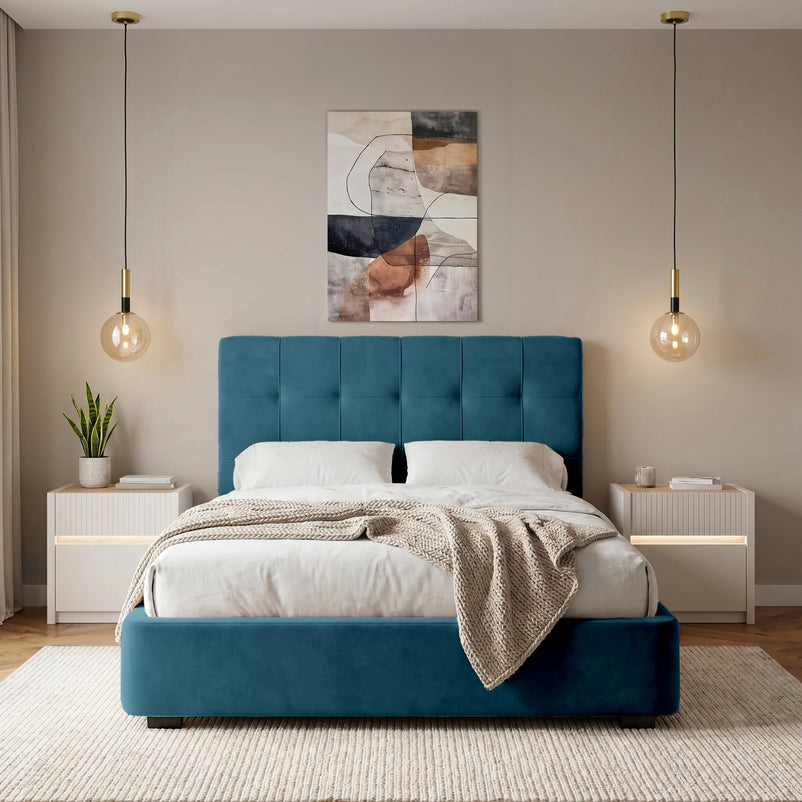 WAVES Pat tapițat, 160x200cm, somieră rabatabilă și ladă depozitare incluse