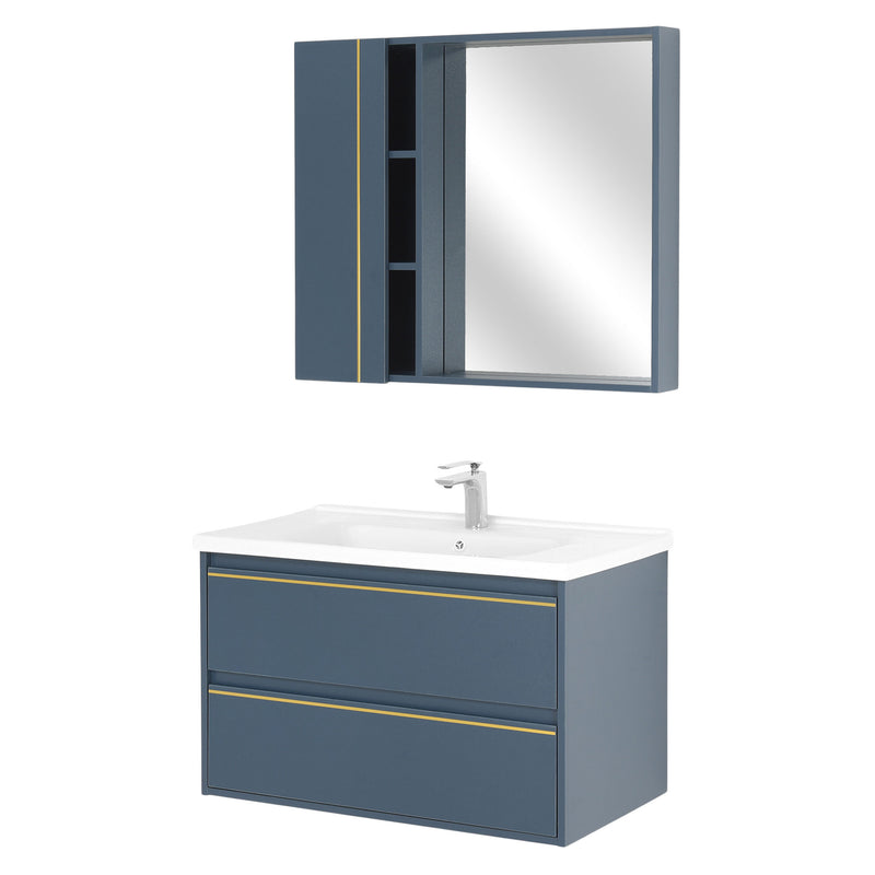 MARINE Set mobilier baie, mască lavoar 2 sertare, lavoar ceramică și dulap baie suspendat cu oglindă