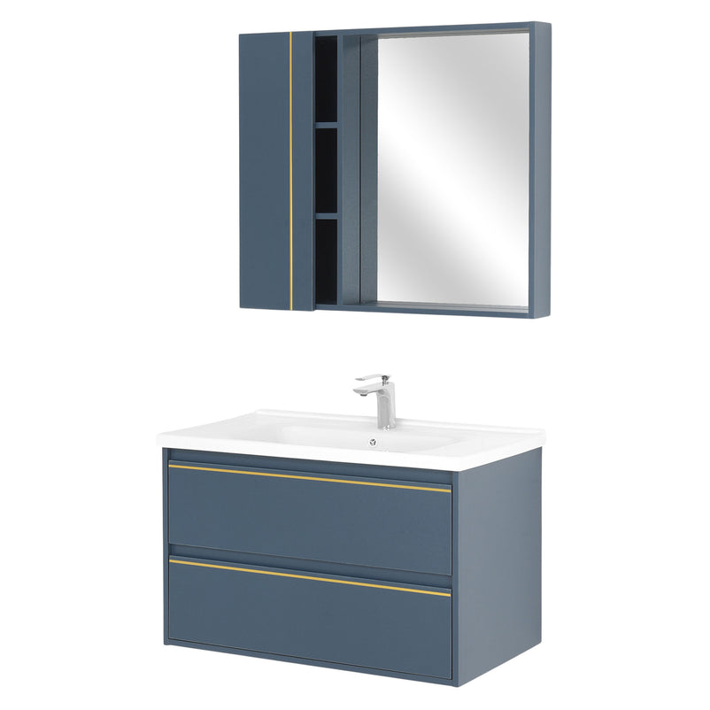 MARINE Set mobilier baie, mască lavoar 2 sertare, lavoar ceramică și dulap baie suspendat cu oglindă