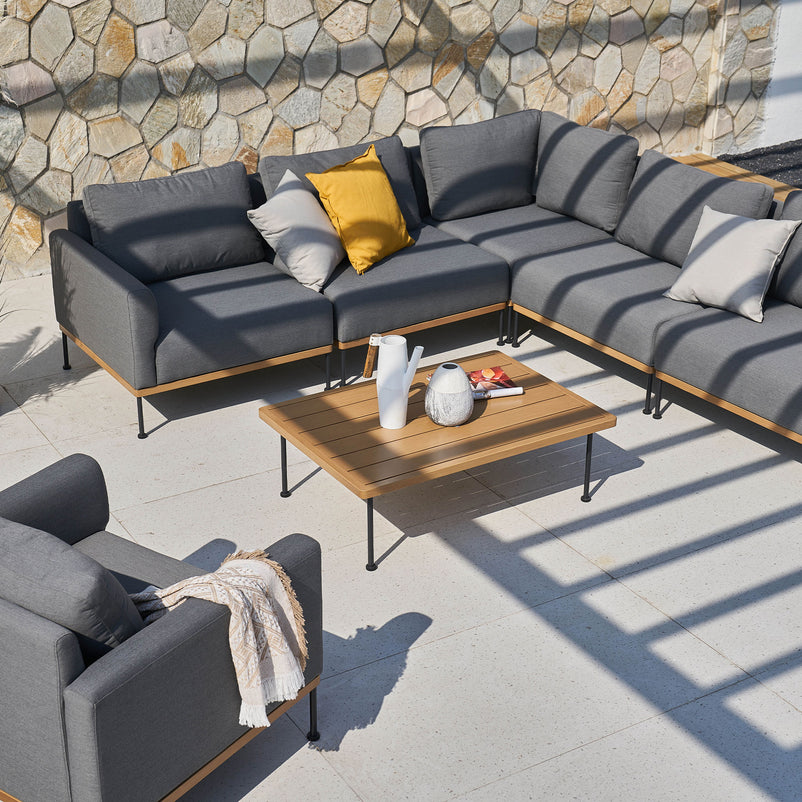 TIRANA Set mobilier terasă/grădină, fotoliu, 2 fotolii braț stânga/dreapta, 2 elemente centrale, element colț, și măsuță de cafea