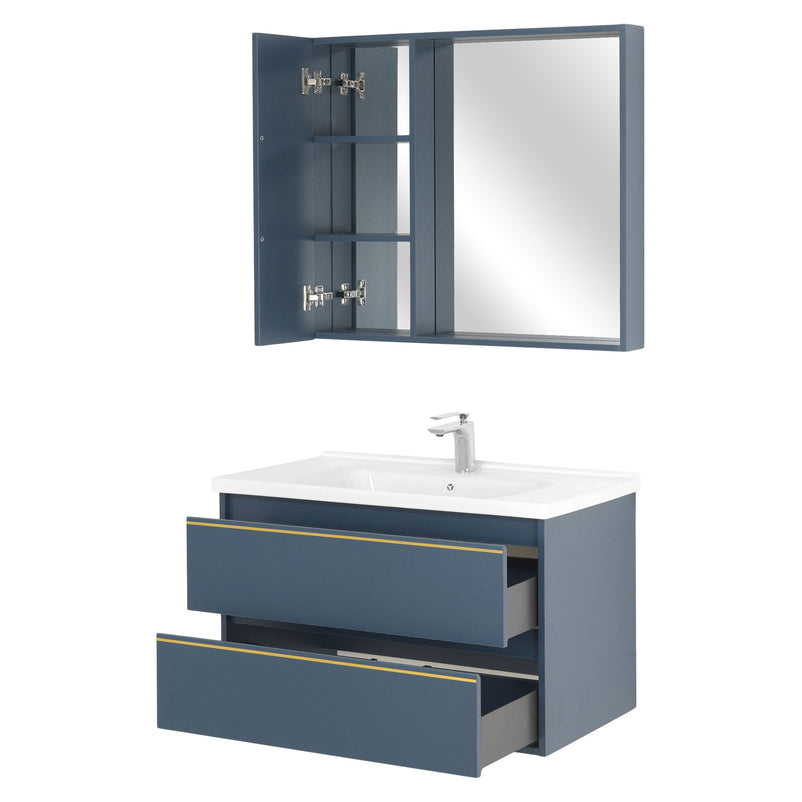 MARINE Set mobilier baie, mască lavoar 2 sertare, lavoar ceramică și dulap baie suspendat cu oglindă