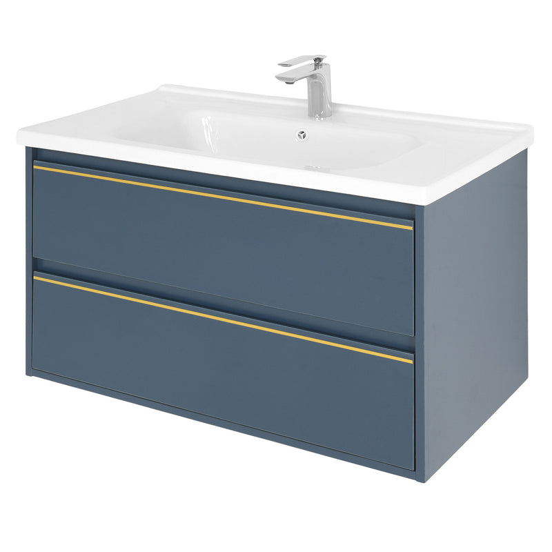 MARINE Set mobilier baie, mască lavoar 2 sertare, lavoar ceramică și dulap baie suspendat cu oglindă