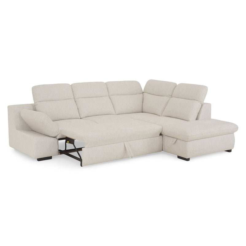 DAMIAN Colțar extensibil, șezlong stânga/dreapta, mecanism tetiere și braț, spațiu depozitare inclus, stofă