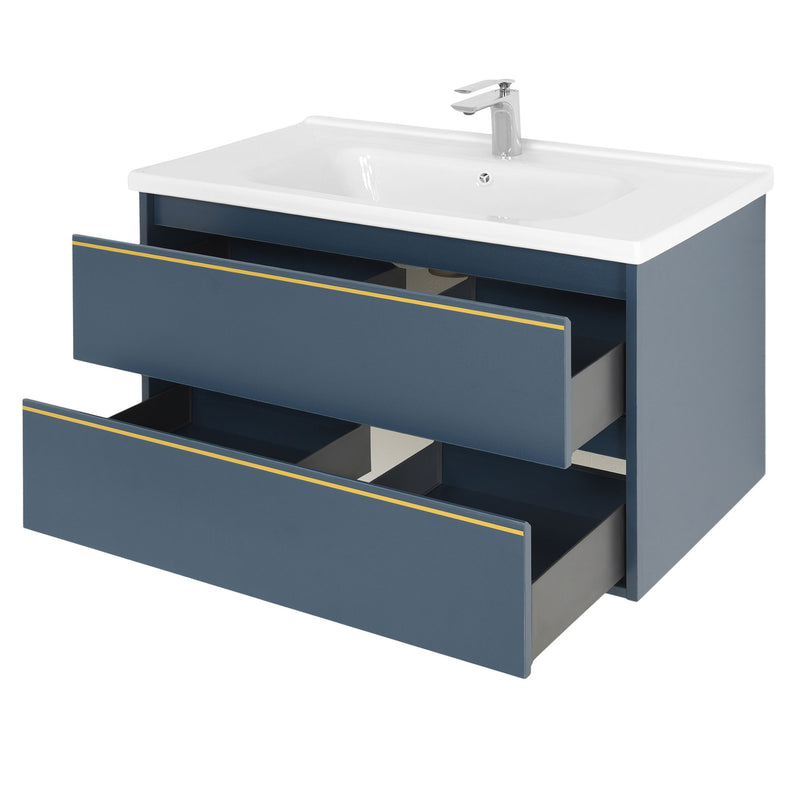 MARINE Set mobilier baie, mască lavoar 2 sertare, lavoar ceramică și dulap baie suspendat cu oglindă