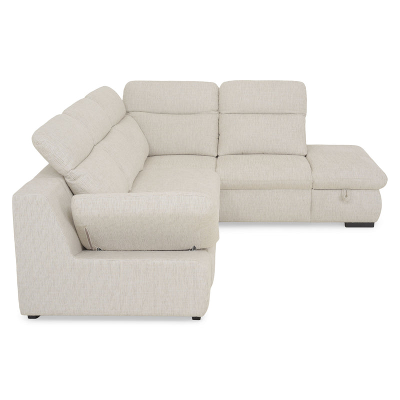 DAMIAN Colțar extensibil, șezlong stânga/dreapta, mecanism tetiere și braț, spațiu depozitare inclus, stofă