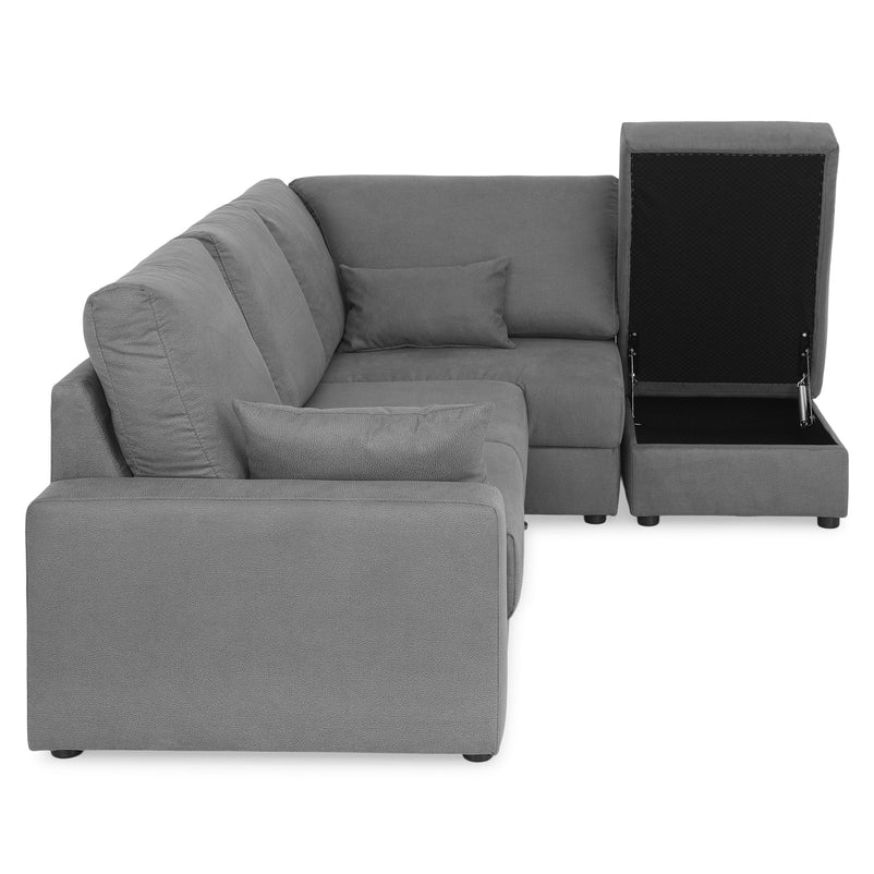 EMMET Colțar extensibil cu șezlong stânga/dreapta și taburet cu depozitare, stofă