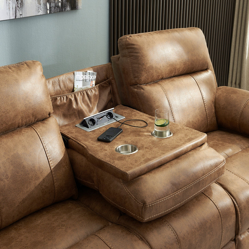 BRISBANE Canapea 3 locuri, 2 reclinere electrice, tetiere și măsuță, stofă