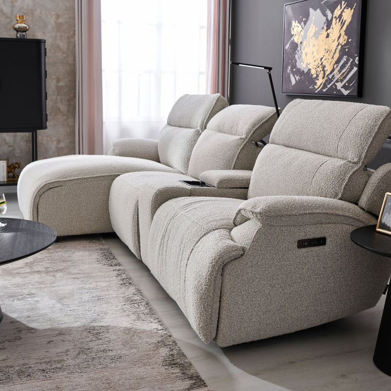 ELDORA Colțar cu sezlong stânga/dreapta, 1 recliner electric, mecanism tetiere, consolă, stofă