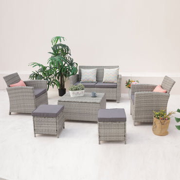 MEGARA Set mobilier terasă/grădină, 2 fotolii, canapea 2 locuri, 2 taburete și măsuță